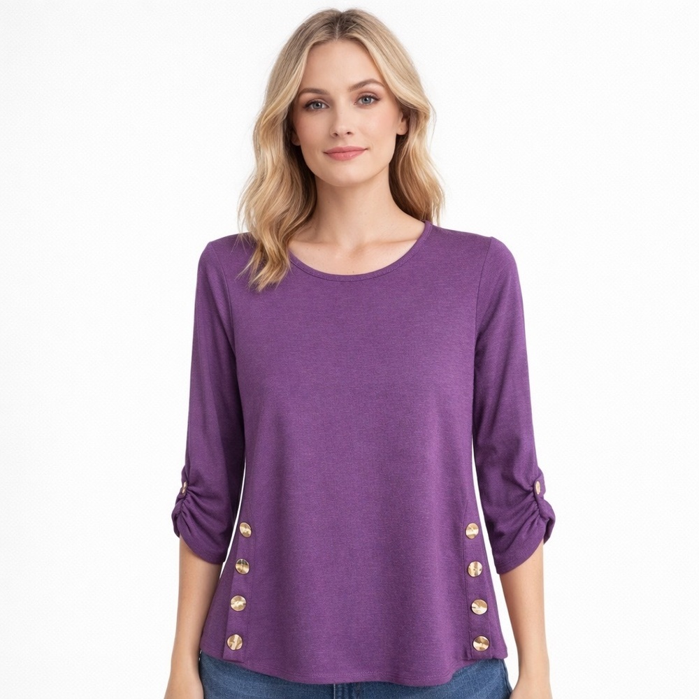 Fortune + Ivy - Amiel Button Detail Ruched Sleeve Top